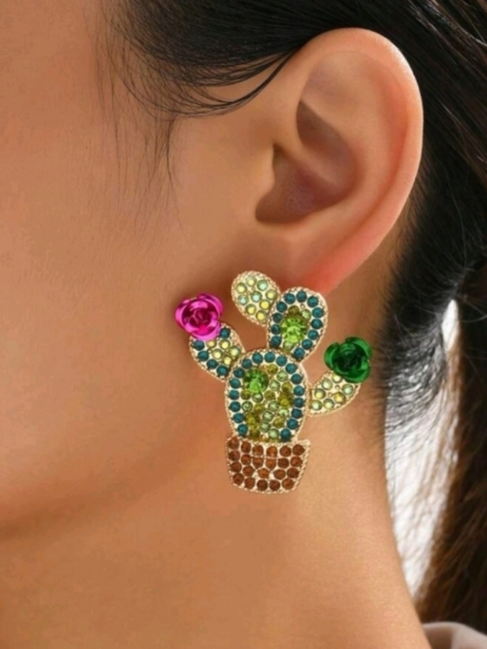 NEW! Stunning Colorfull Rhinestone Cactus Flower Stud Earrings - Green & Pink